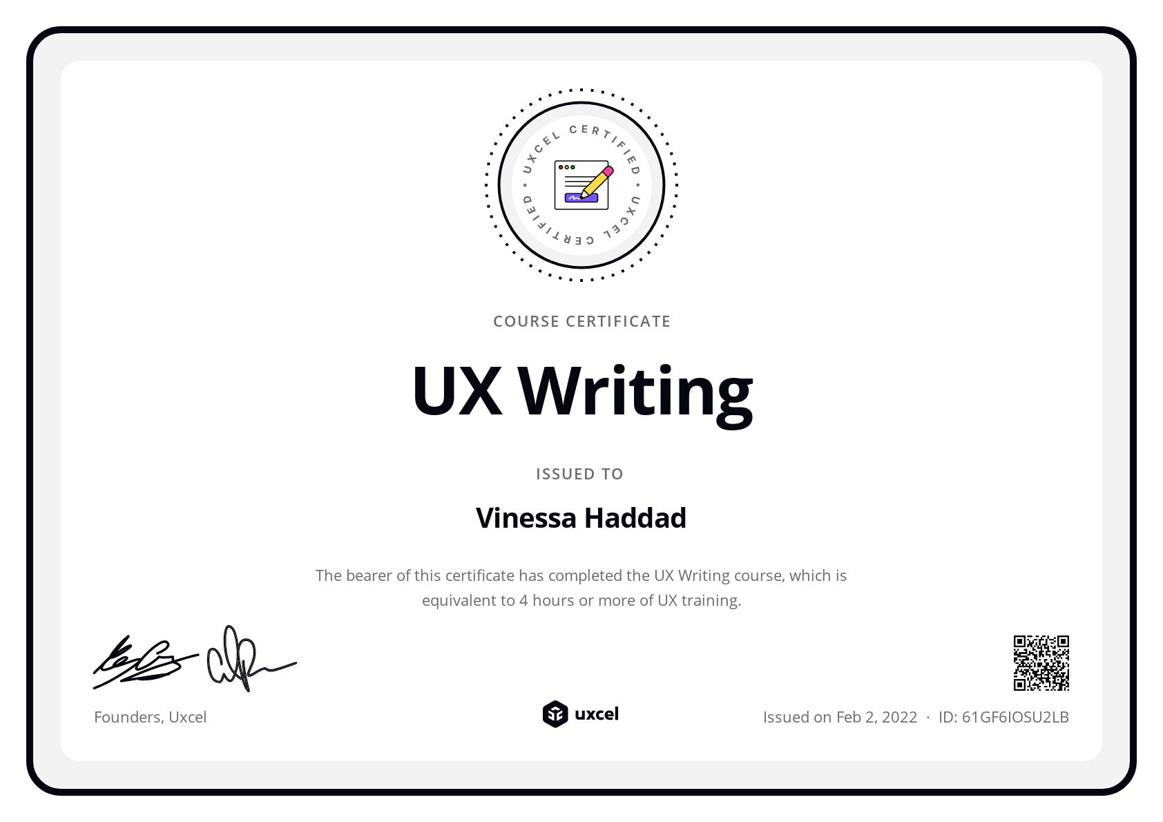 Vinessa Haddad's certificate